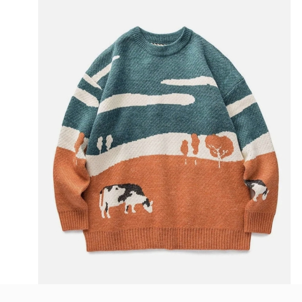 Aelfric Eden Vintage Prairie Cow Pattern Sweater Unisex Medium Women Men M